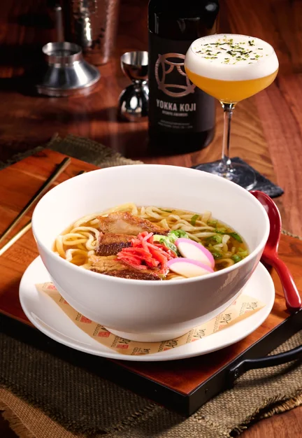 Okinawa Soba (thick wheat noodle, pork belly, fish cake, scallion, pickled ginger)
