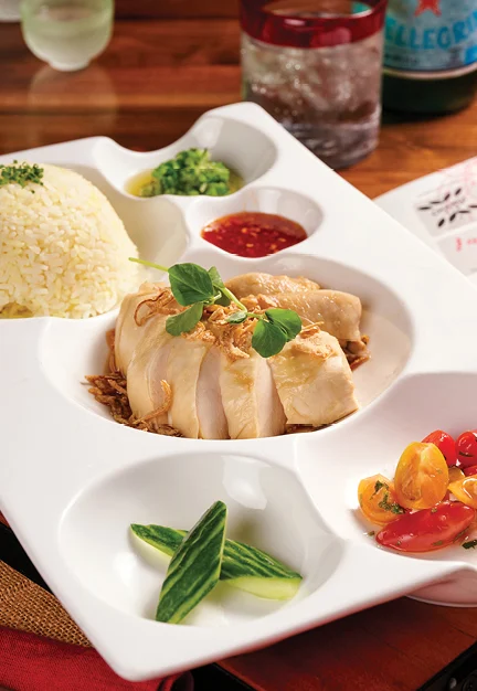 Singapore Chicken Rice (steamed half chicken, rice, tomato salad, ginger scallion sauce, chili sauce, dark soy sauce)